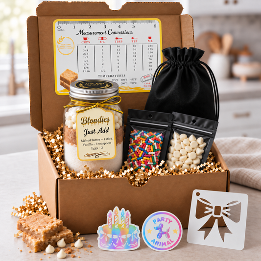 Just Add Baking blondie baking gift box with a layered mason jar, toppings and extras