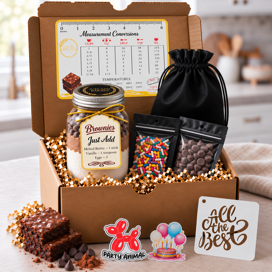Just Add Baking brownie baking gift box with a layered mason jar, toppings and extras