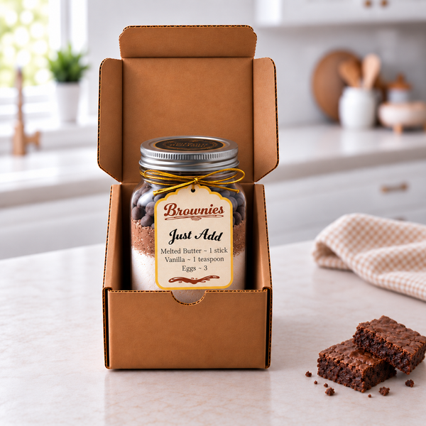 Just Add Baking brownie mix layered in a reusable mason jar