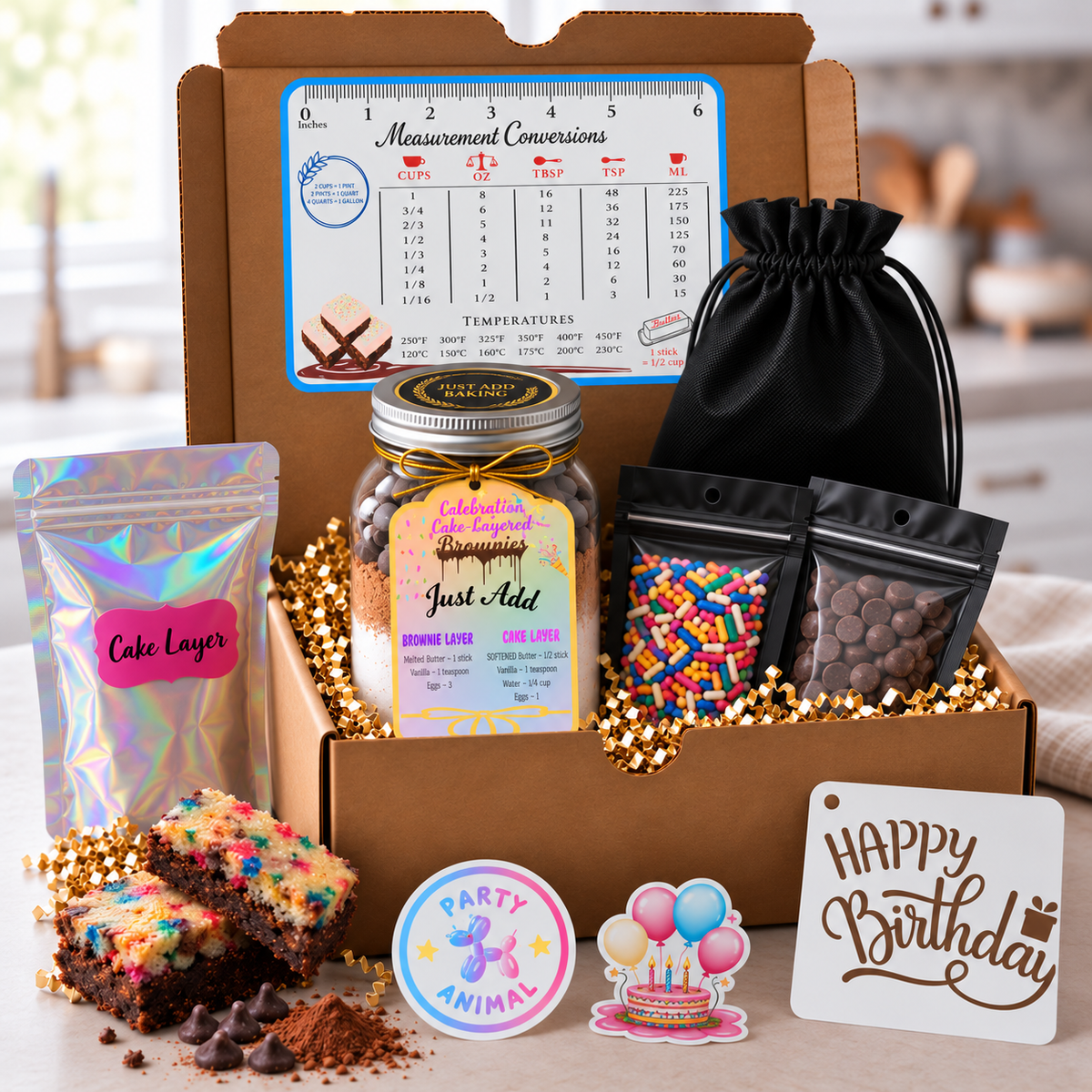 Just Add Baking celebration cake layered brownie baking gift box with a layered mason jar, toppings and extras