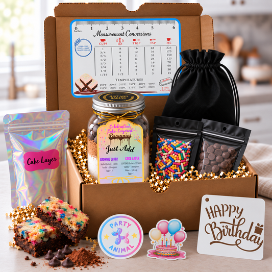 Just Add Baking celebration cake layered brownie baking gift box with a layered mason jar, toppings and extras