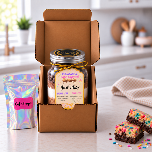Just Add Baking celebration cake layered brownie mix layered in a reusable mason jar