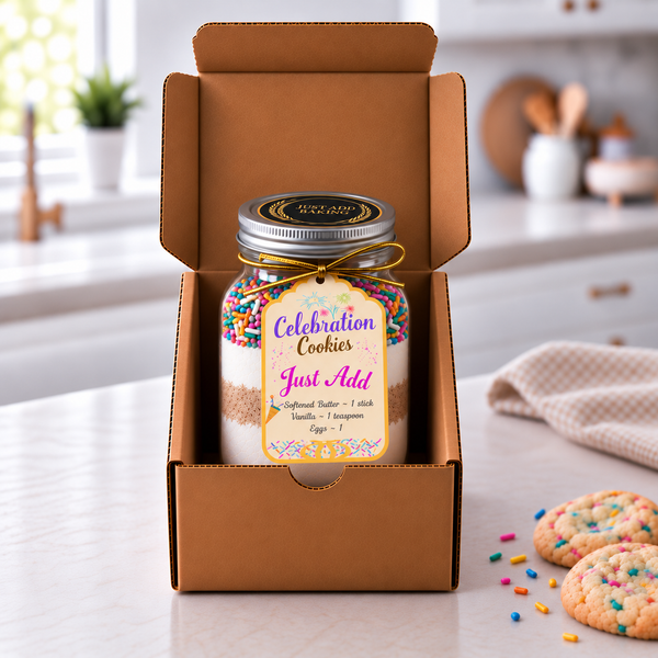 Just Add Baking celebration sprinkle cookie mix layered in a reusable mason jar