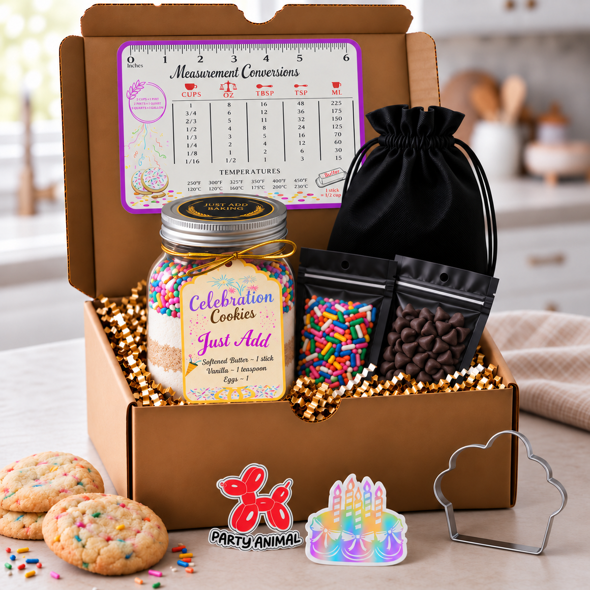 Just Add Baking celebration sprinkle cookie baking gift box with a layered mason jar, toppings and extras