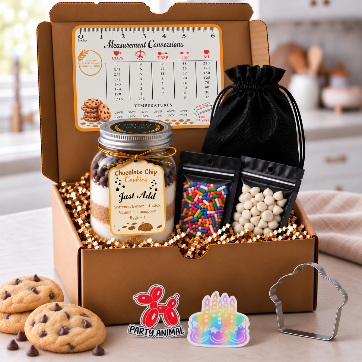 Just Add Baking chocolate chip cookie baking gift box with a layered mason jar, toppings and extras