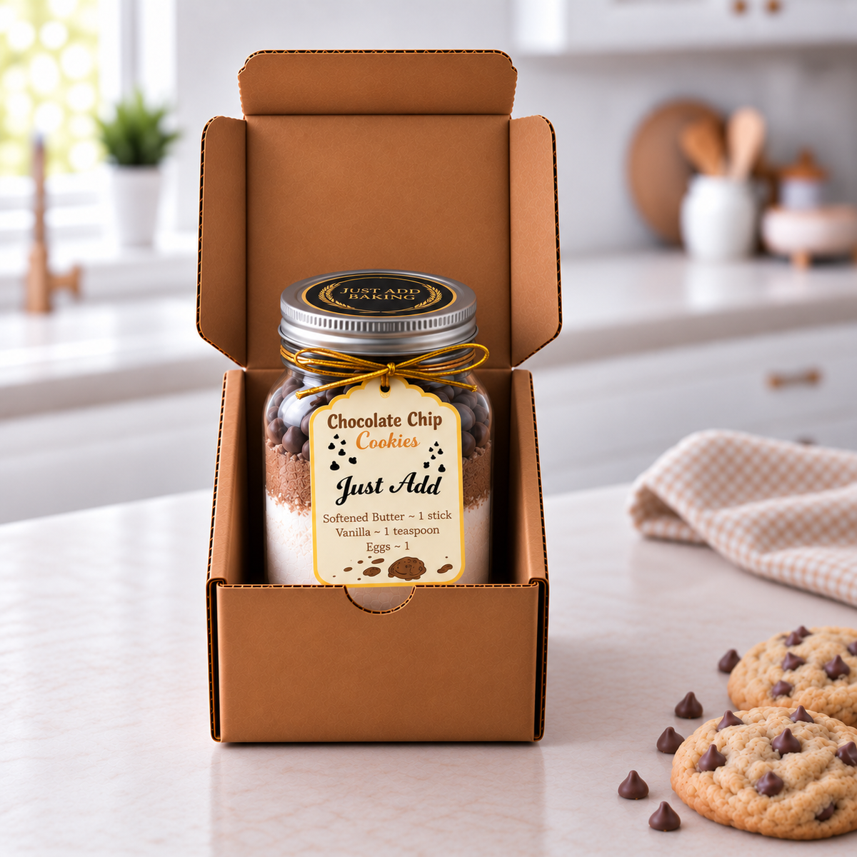 Just Add Baking chocolate chip cookie mix layered in a reusable mason jar
