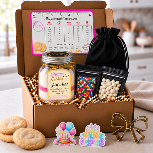 Just Add Baking sugar cookie baking gift box with a layered mason jar, toppings and extras