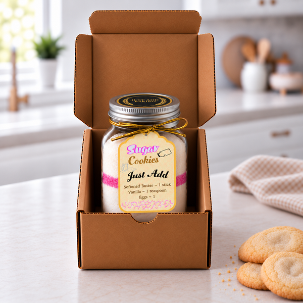 Just Add Baking sugar cookie mix layered in a reusable mason jar