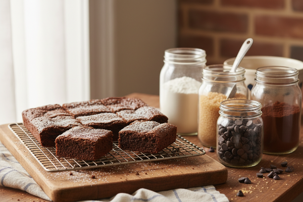 Baking scene with brownies and mason jars